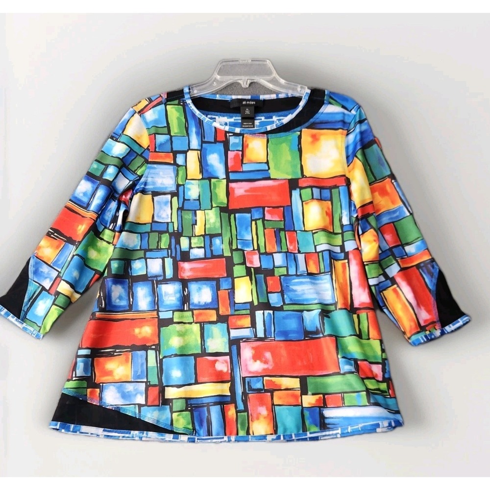 Ali Miles Reversible Tunic Blouse Top Womens Sz PL Geometric Colorful Mesh NWT‎